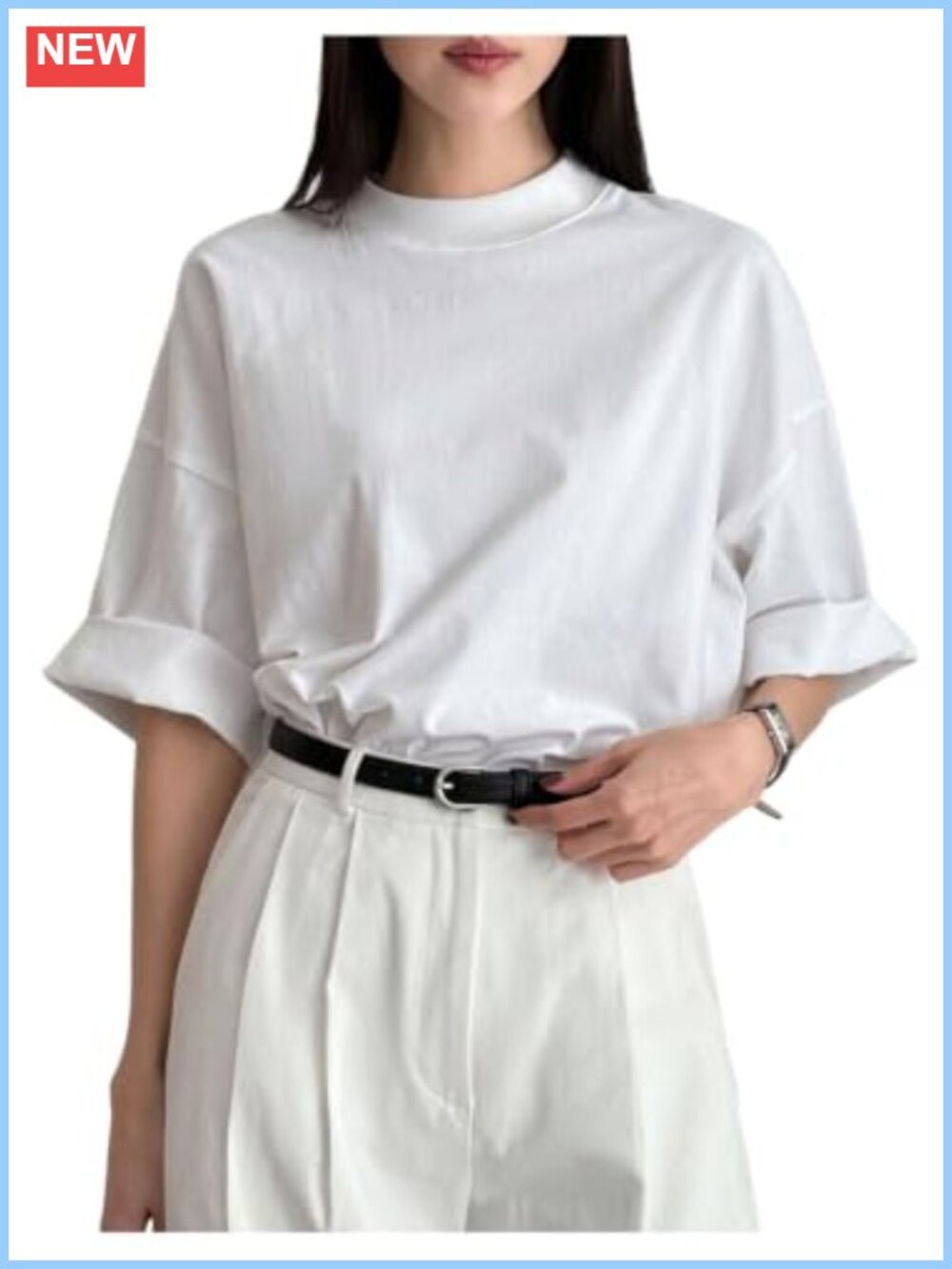 Oversized Mock Neck 3/4 Sleeve Drop Shoulder Casual Summer Tee